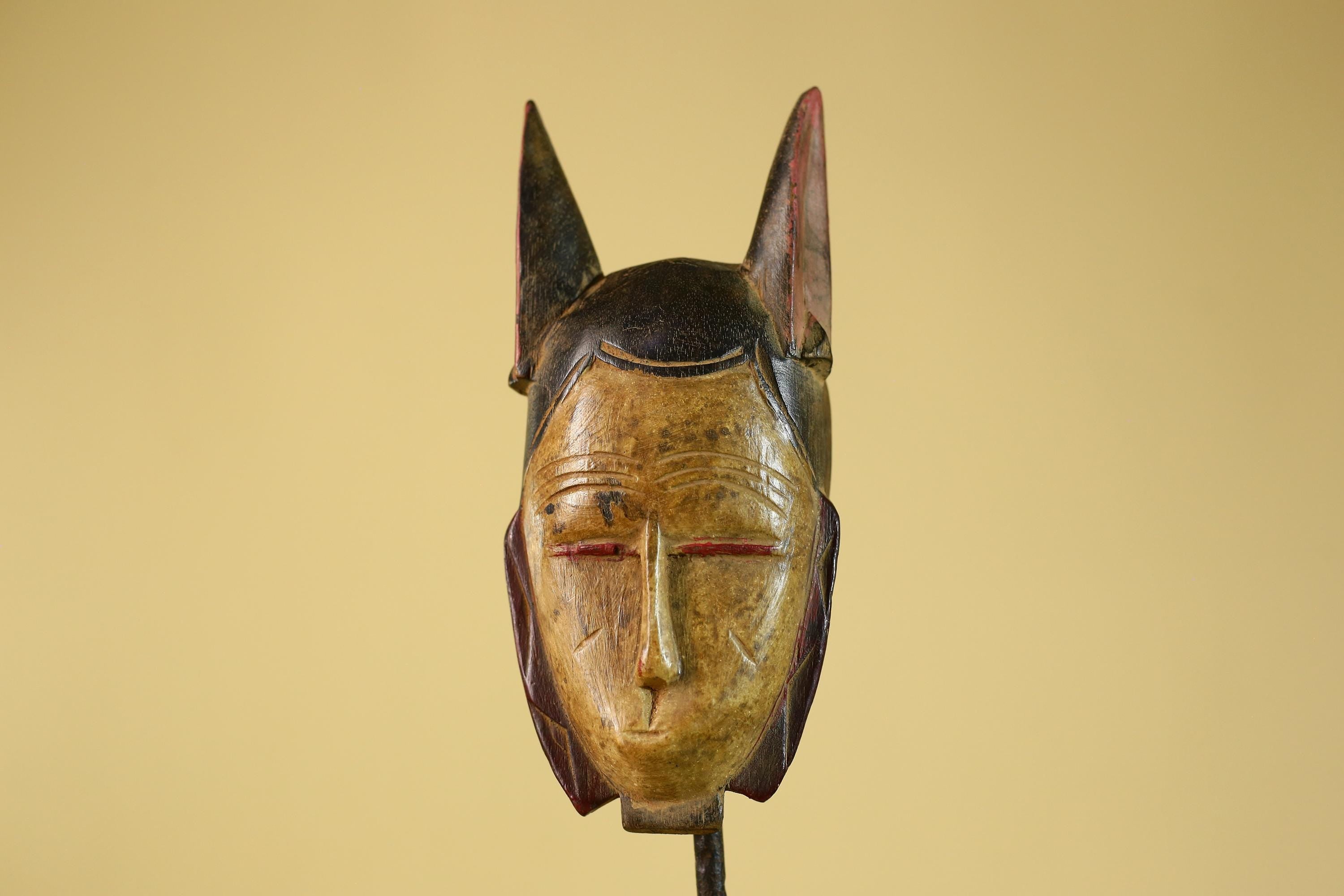 African Baule Style Horned Mask Hand Carved Wood Tribal Wall Art-G5393