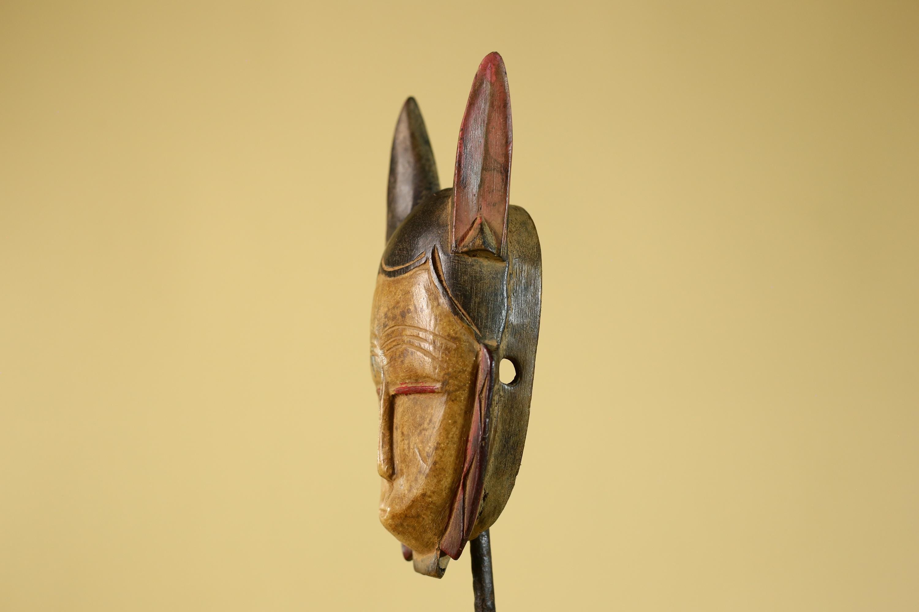 African Baule Style Horned Mask Hand Carved Wood Tribal Wall Art-G5393