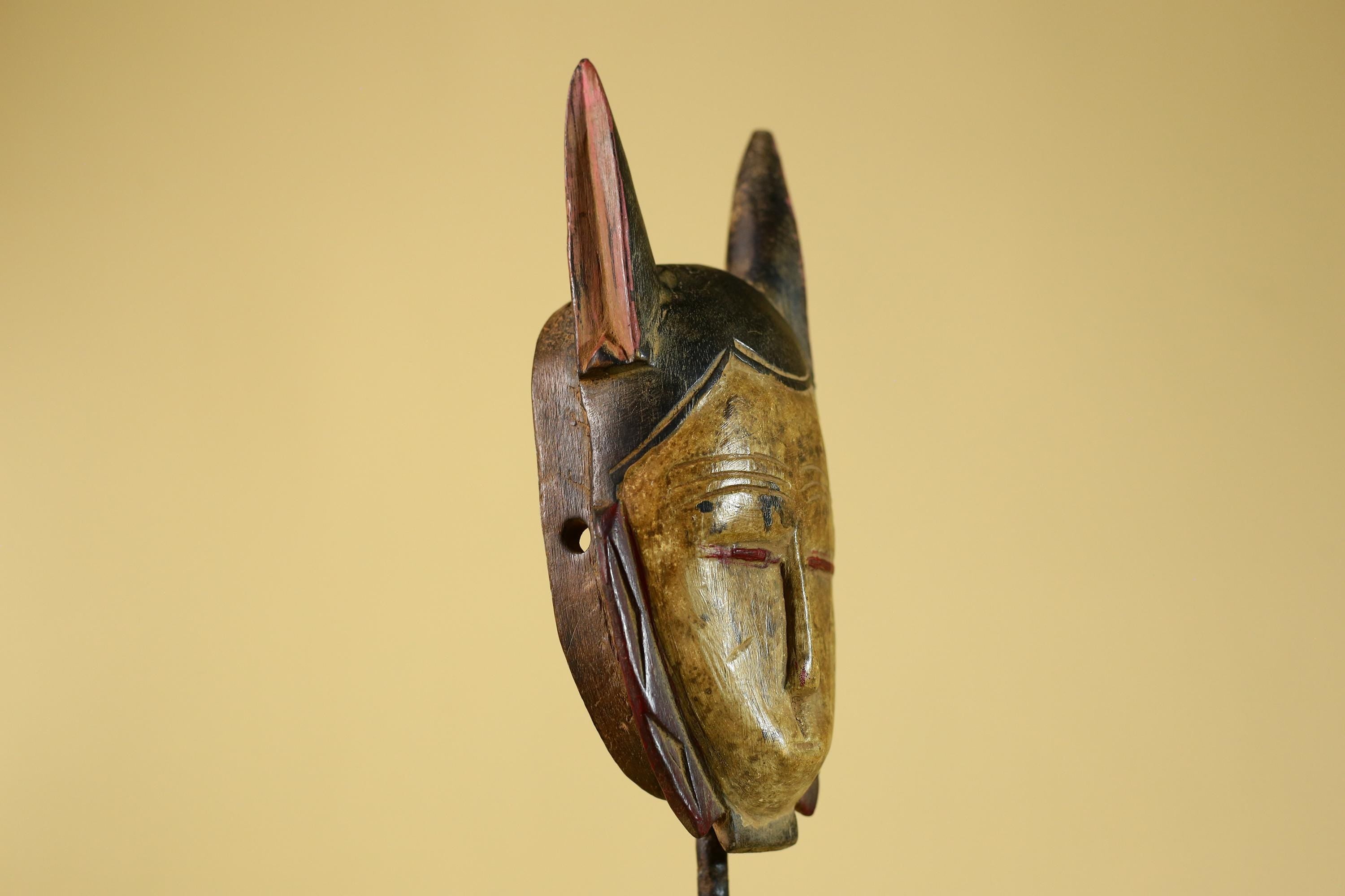 African Baule Style Horned Mask Hand Carved Wood Tribal Wall Art-G5393