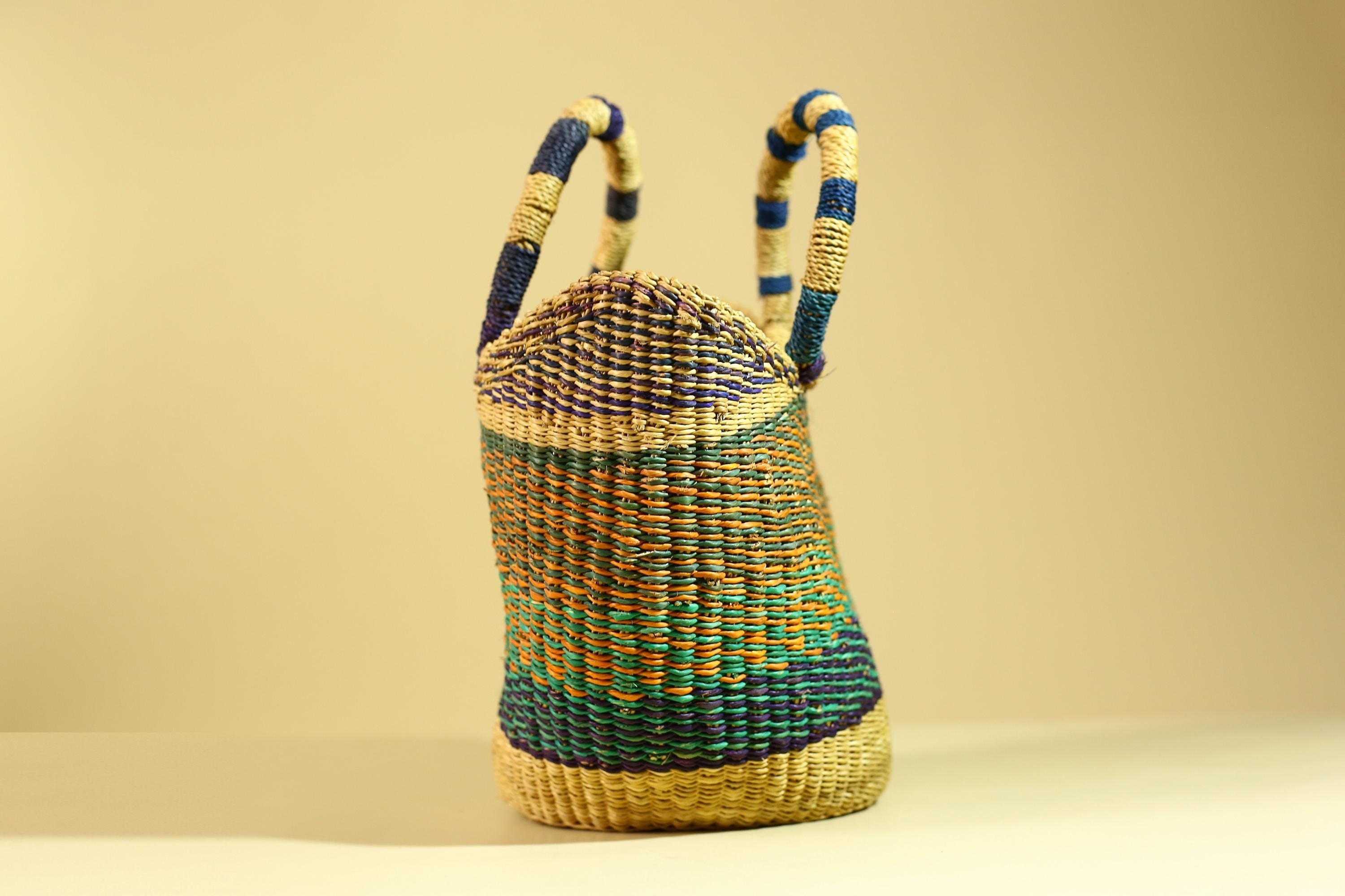 Handwoven African Bolga Basket • Multicolor Grass Market Tote from Ghana-G6276