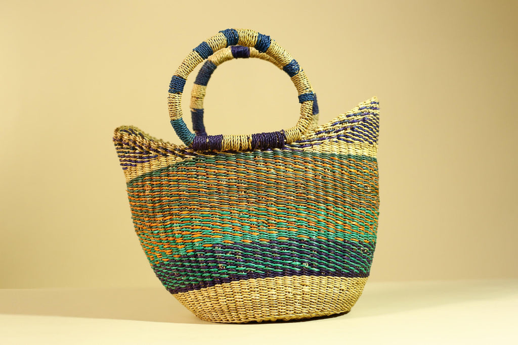 Handwoven African Bolga Basket • Multicolor Grass Market Tote from Ghana-G6276