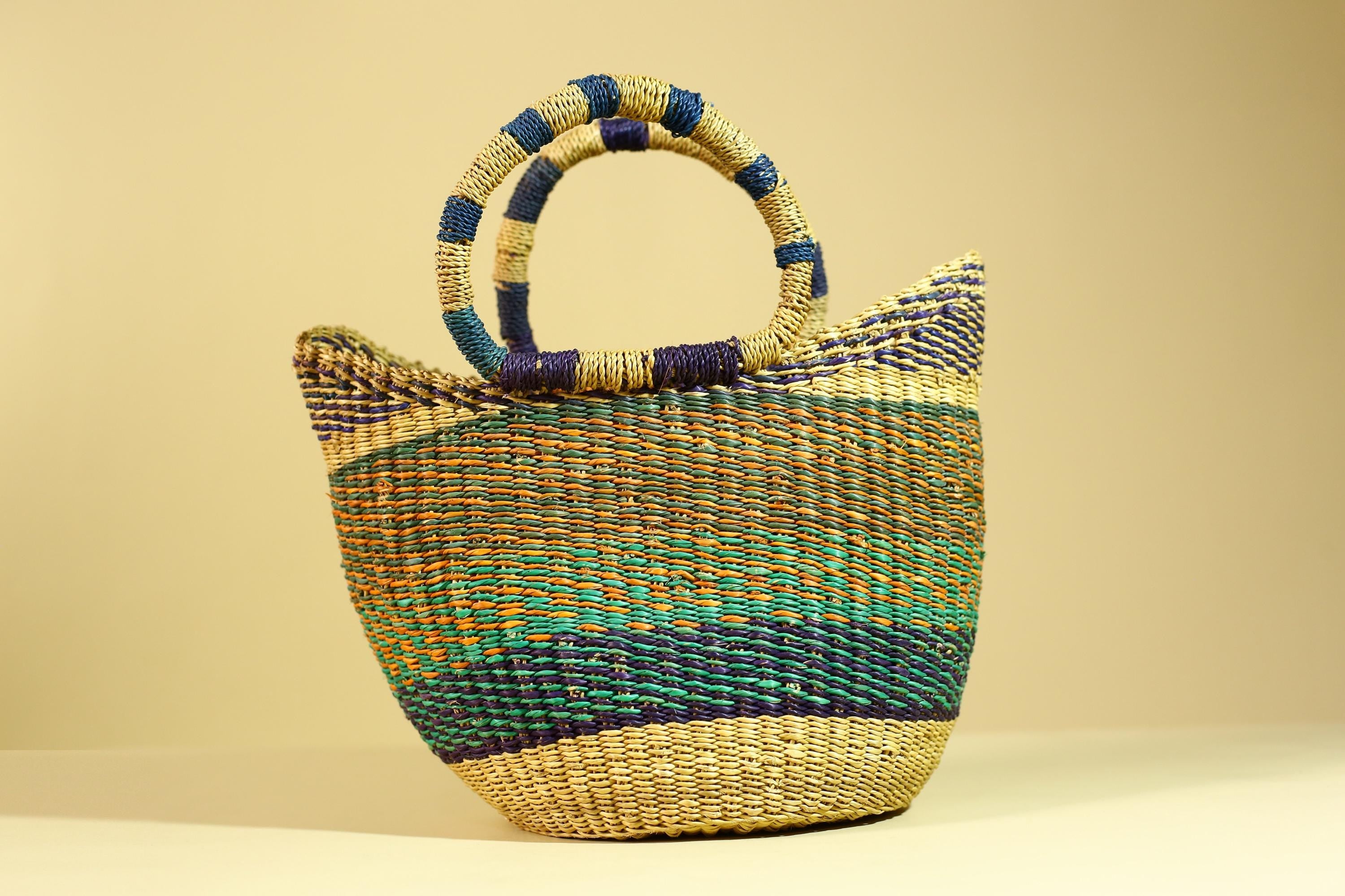 Handwoven African Bolga Basket • Multicolor Grass Market Tote from Ghana-G6276