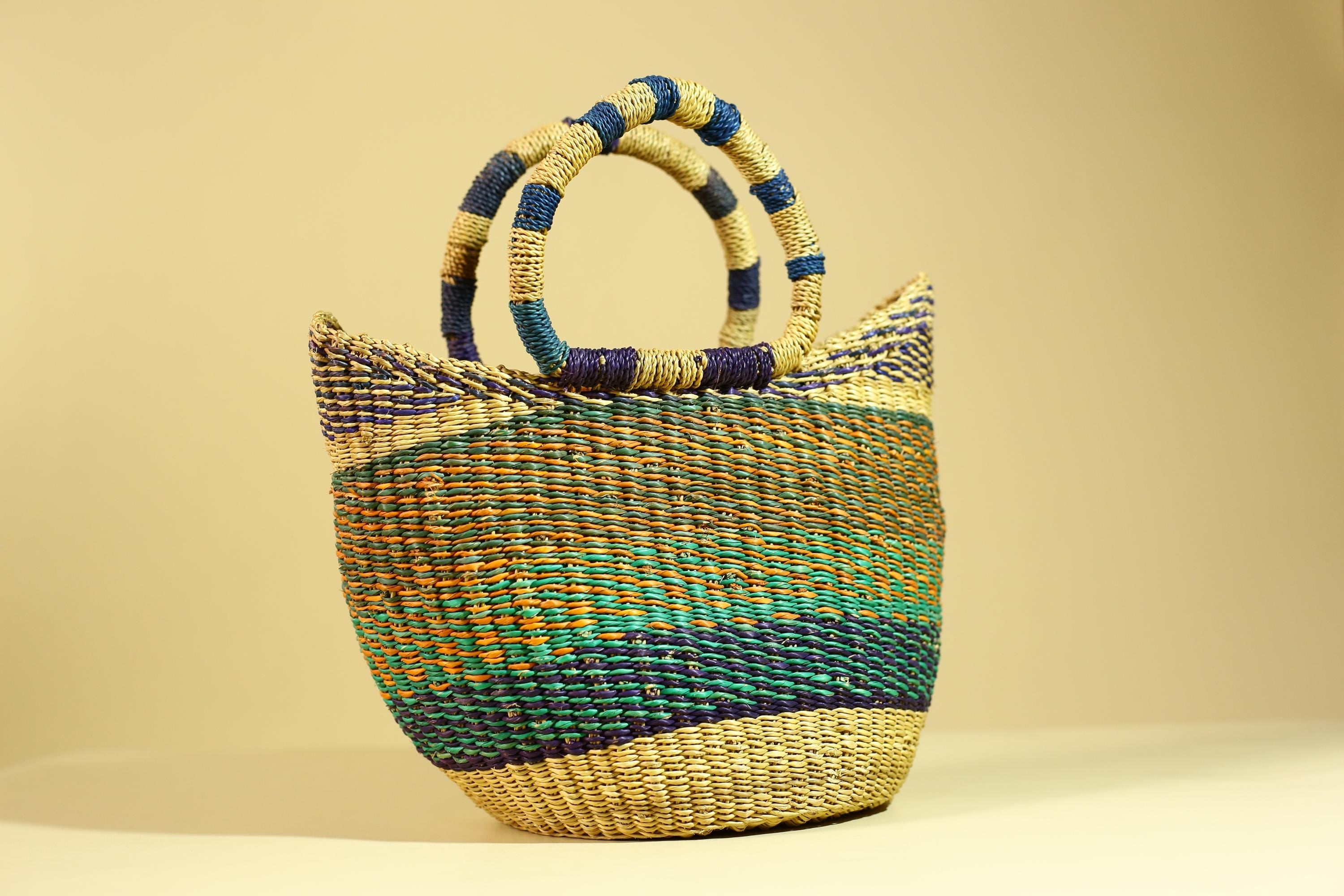 Handwoven African Bolga Basket • Multicolor Grass Market Tote from Ghana-G6276