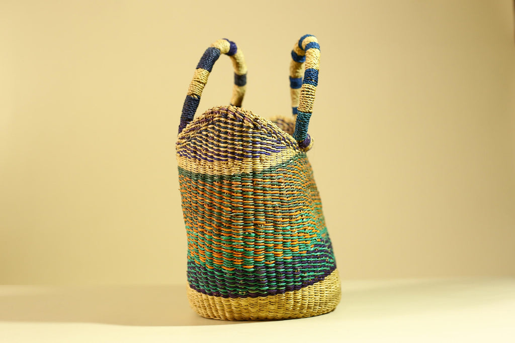 Handwoven African Bolga Basket • Multicolor Grass Market Tote from Ghana-G6276