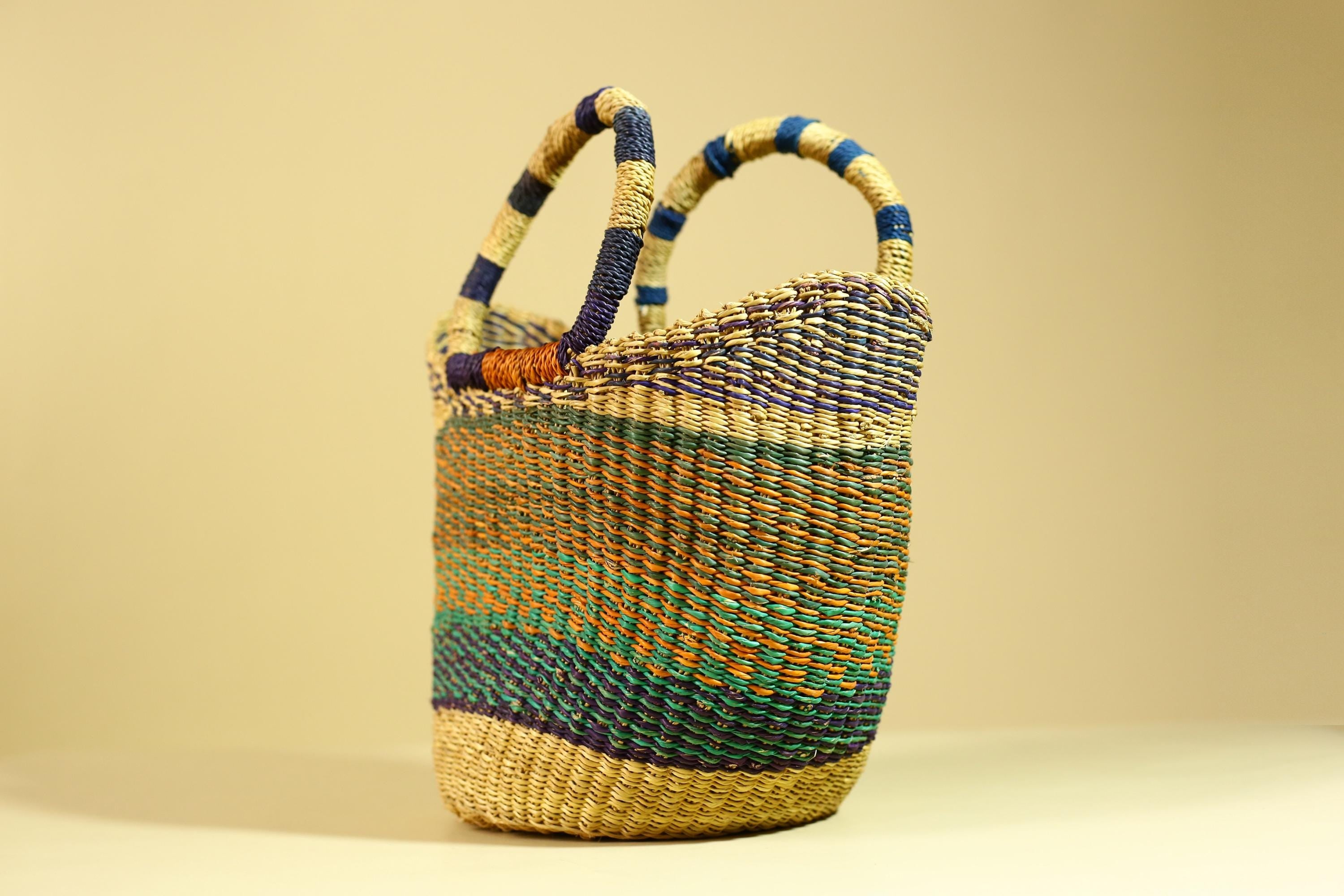 Handwoven African Bolga Basket • Multicolor Grass Market Tote from Ghana-G6276