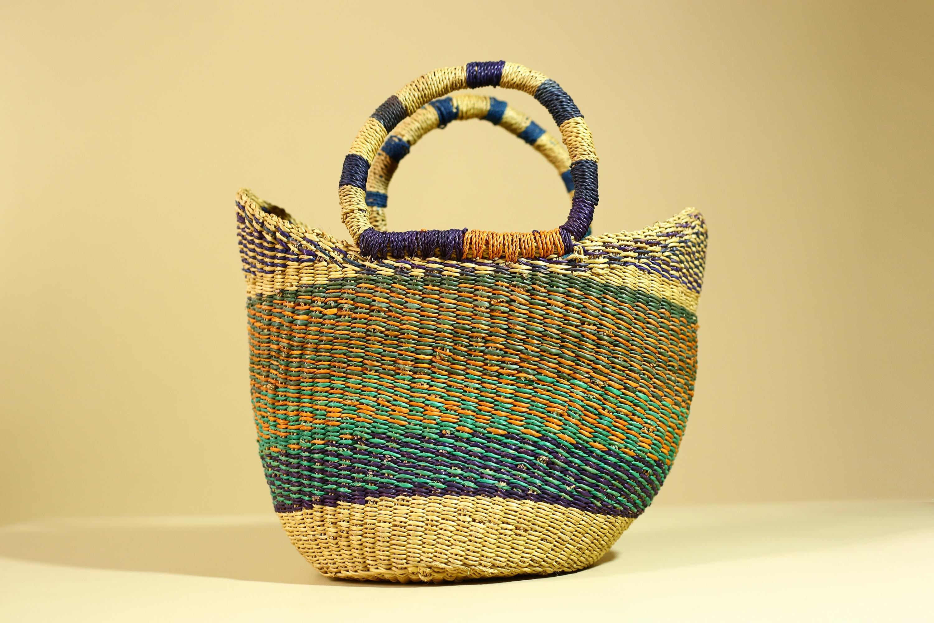 Handwoven African Bolga Basket • Multicolor Grass Market Tote from Ghana-G6276