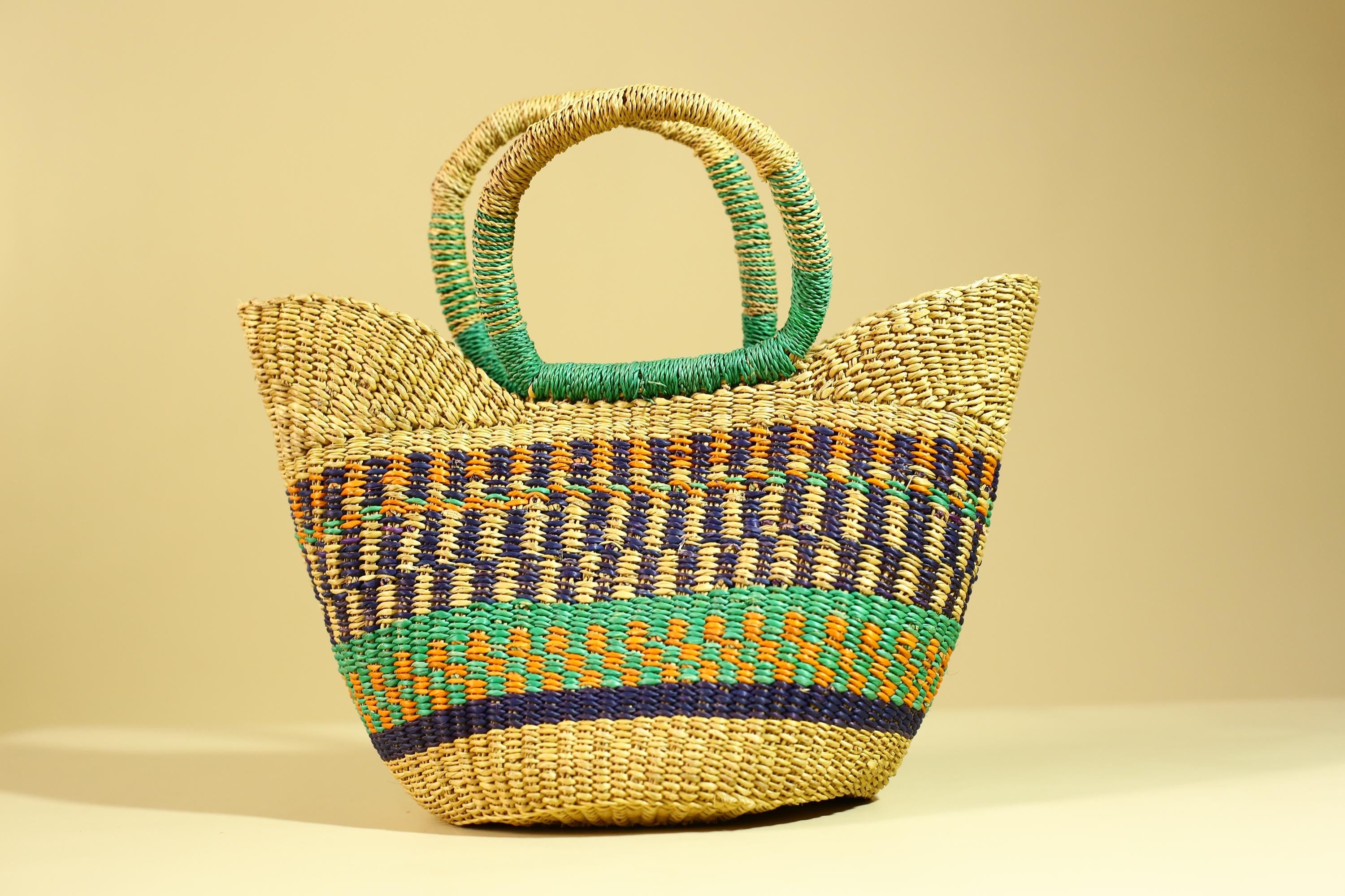 Handwoven African Bolga Basket Colorful Ghana Market Basket-G6277