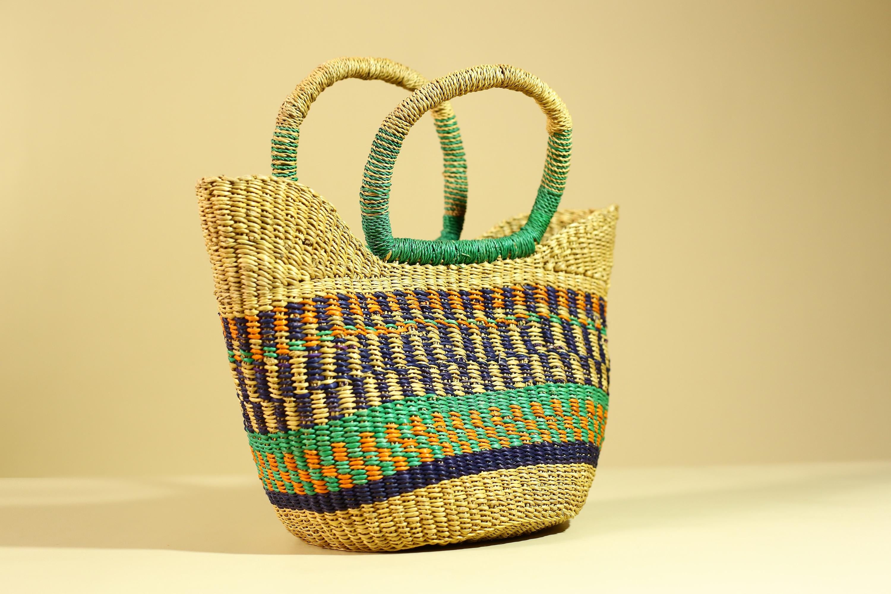 Handwoven African Bolga Basket Colorful Ghana Market Basket-G6277