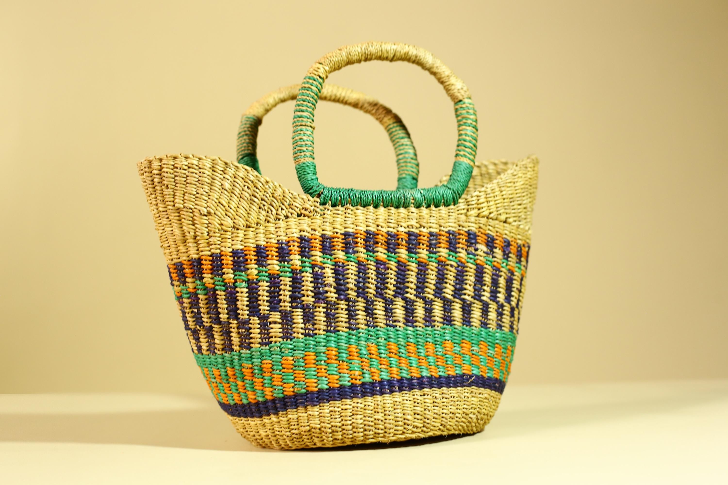 Handwoven African Bolga Basket Colorful Ghana Market Basket-G6277