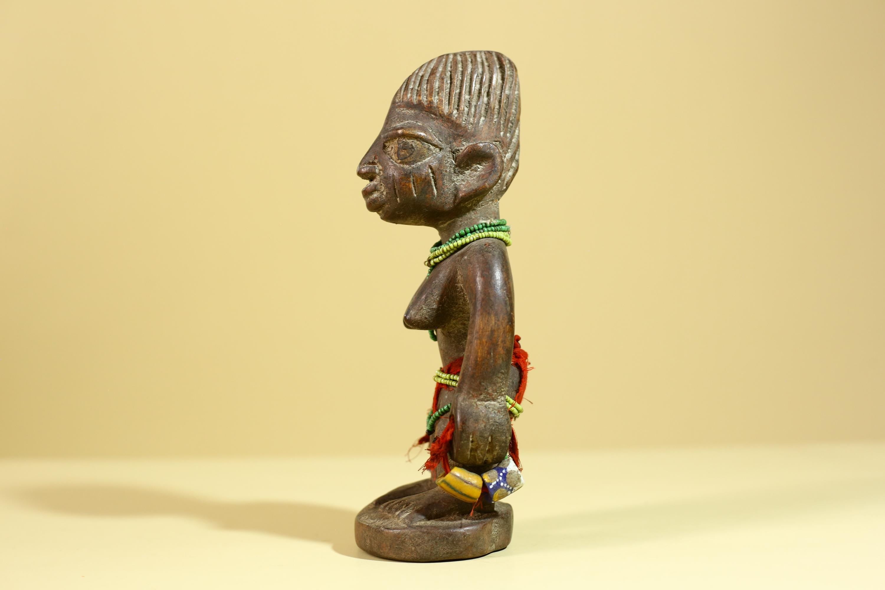 Hand Carved African Wooden Figurine Tribal Sculpture with Beads Vintage Decor-G6278