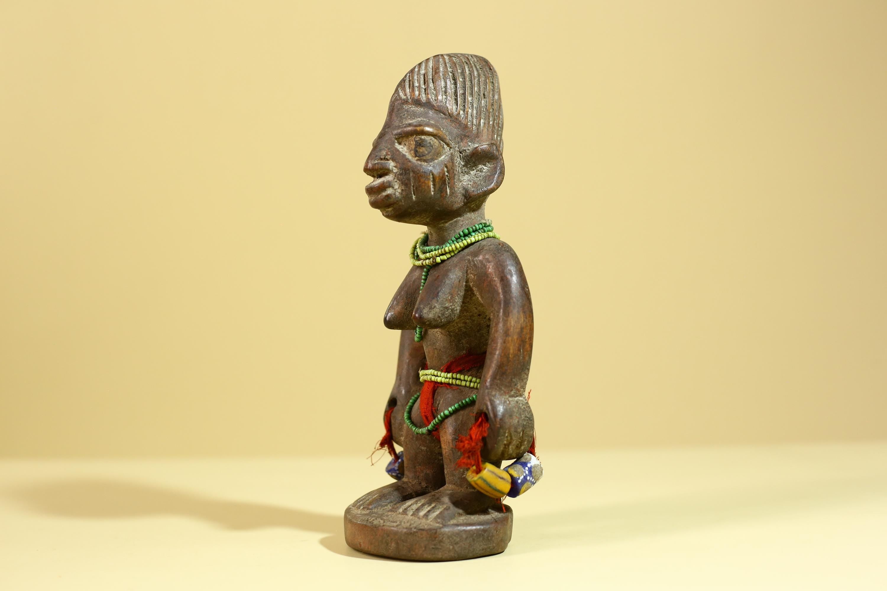 Hand Carved African Wooden Figurine Tribal Sculpture with Beads Vintage Decor-G6278