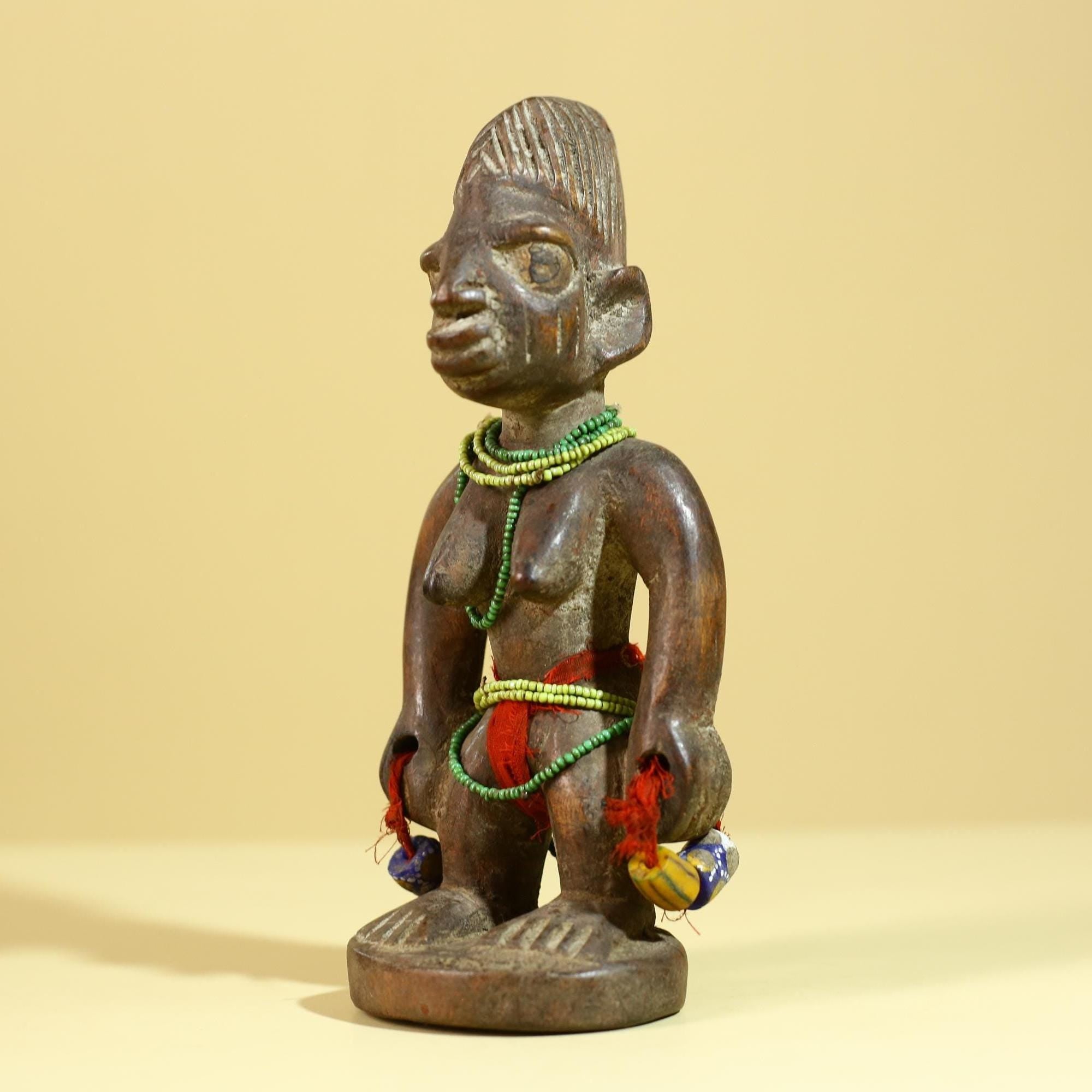 Hand Carved African Wooden Figurine Tribal Sculpture with Beads Vintage Decor-G6278