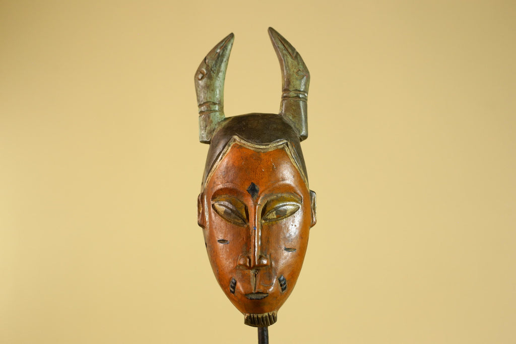 African Horned Tribal Mask Hand Carved Wooden Ritual African Wall Art-G6282