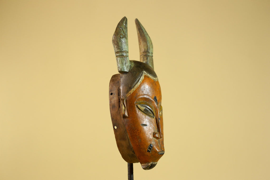 African Horned Tribal Mask Hand Carved Wooden Ritual African Wall Art-G6282