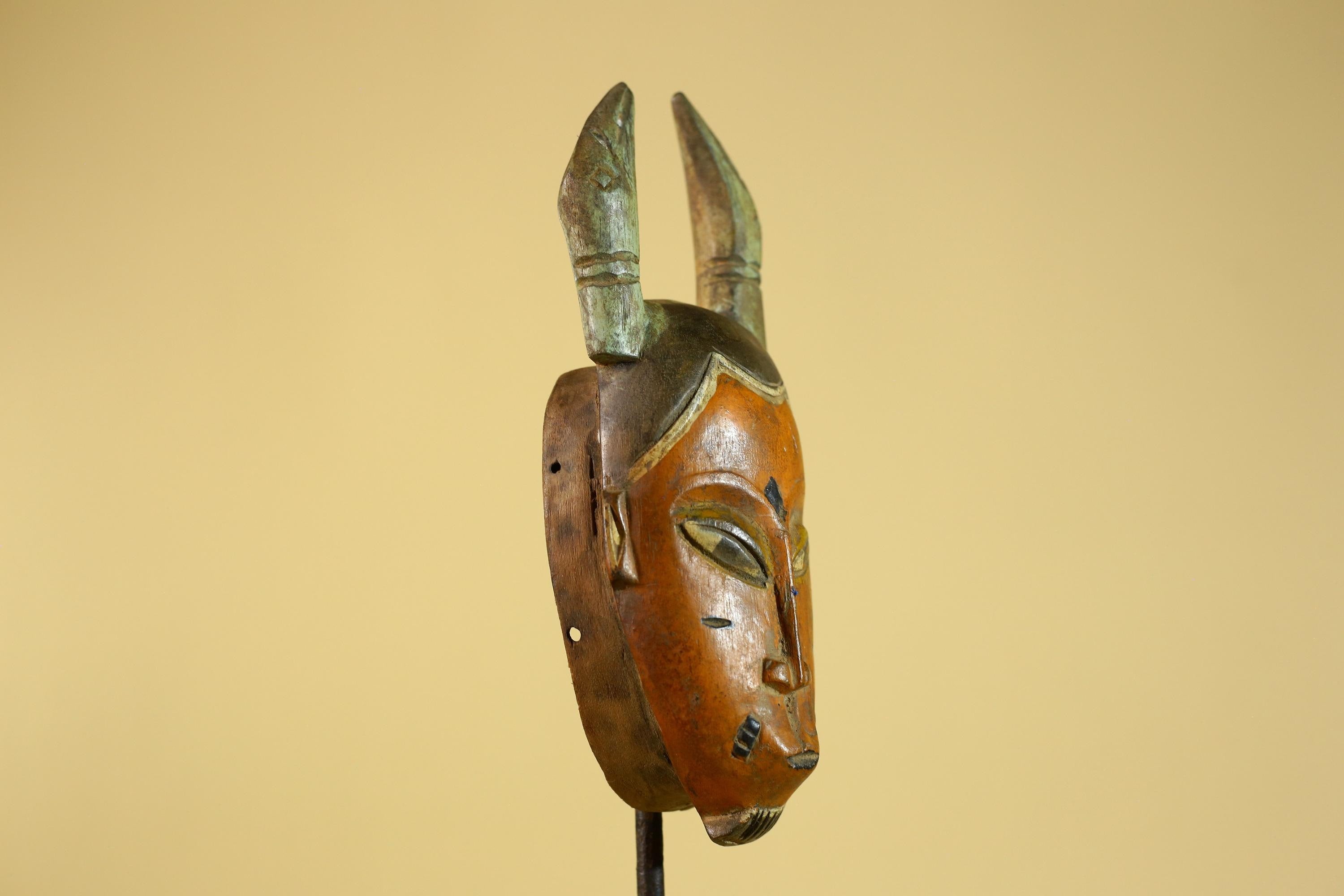 African Horned Tribal Mask Hand Carved Wooden Ritual African Wall Art-G6282