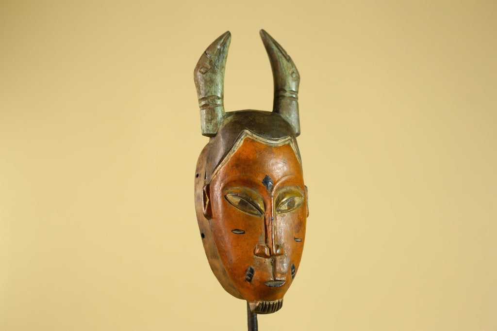 African Horned Tribal Mask Hand Carved Wooden Ritual African Wall Art-G6282