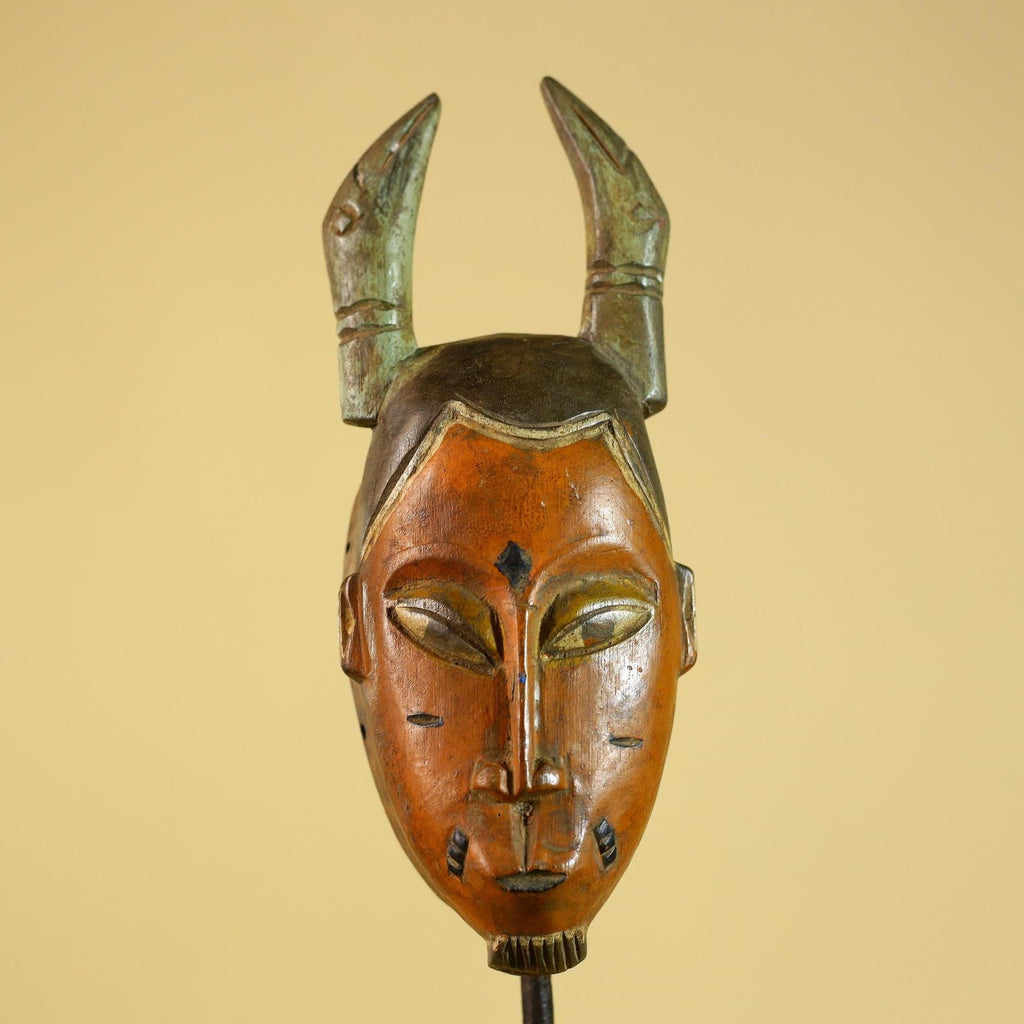 African Horned Tribal Mask Hand Carved Wooden Ritual African Wall Art-G6282