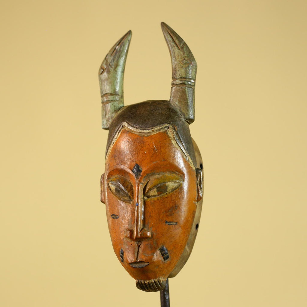 African Horned Tribal Mask Hand Carved Wooden Ritual African Wall Art-G6282