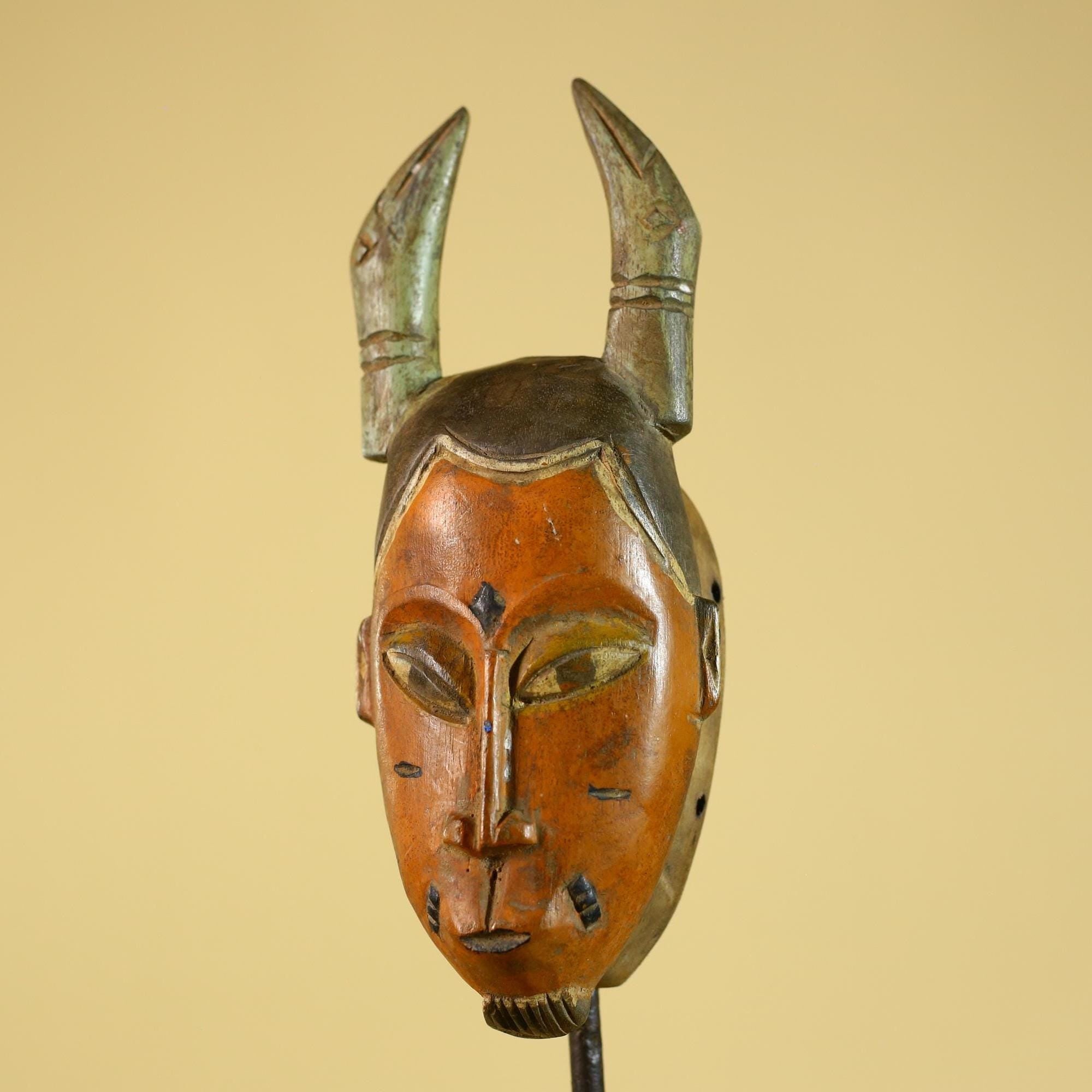 African Horned Tribal Mask Hand Carved Wooden Ritual African Wall Art-G6282
