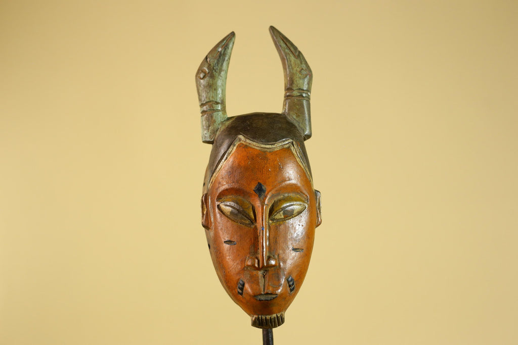 African Horned Tribal Mask Hand Carved Wooden Ritual African Wall Art-G6282