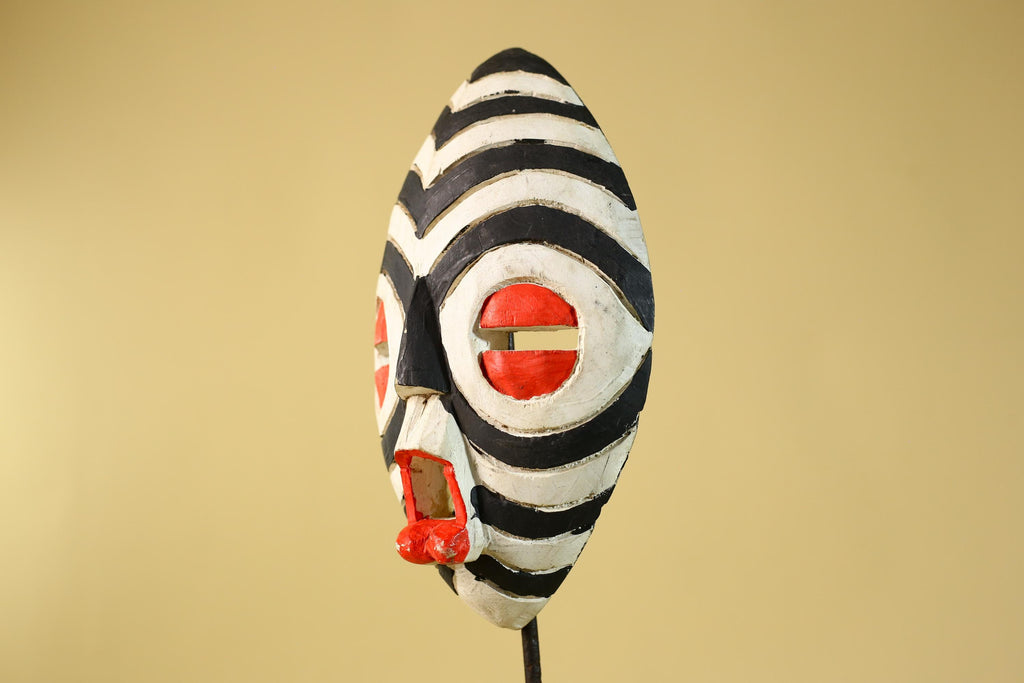 African Tribal Mask Hand Carved Wooden Mask Black White Ceremonial Wall Art-G6283
