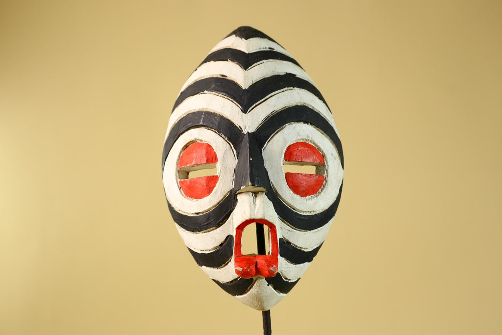 African Tribal Mask Hand Carved Wooden Mask Black White Ceremonial Wall Art-G6283