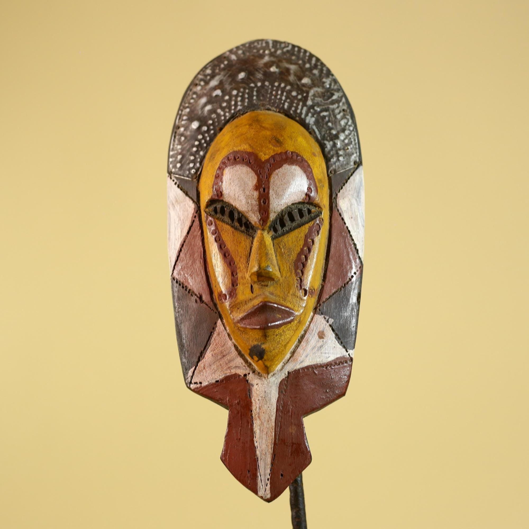 African Tribal Mask Hand Carved Wood Polychrome Wall Art Vintage Decor-G6284