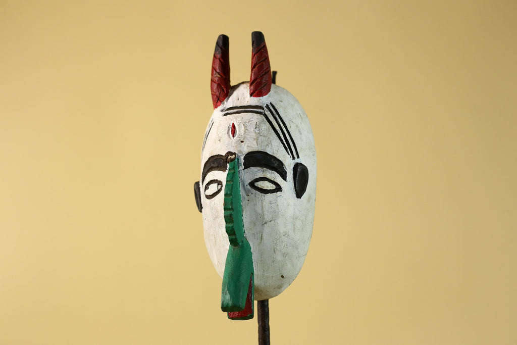 African Horned Mask Hand Carved Tribal Ritual Wall Art Wooden Decor-G6285