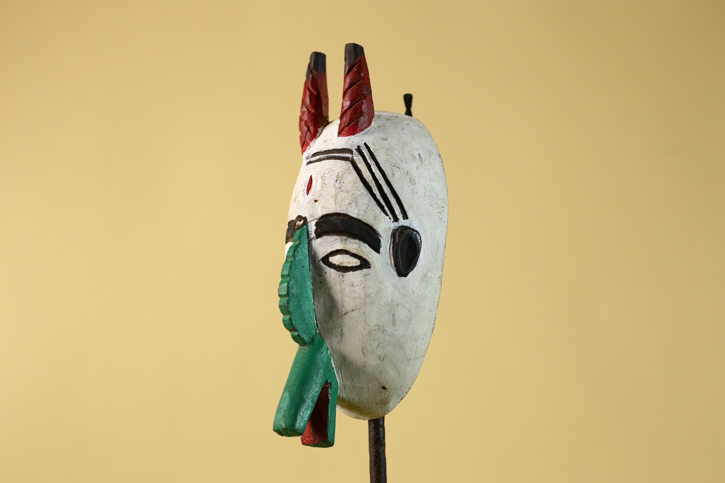 African Horned Mask Hand Carved Tribal Ritual Wall Art Wooden Decor-G6285