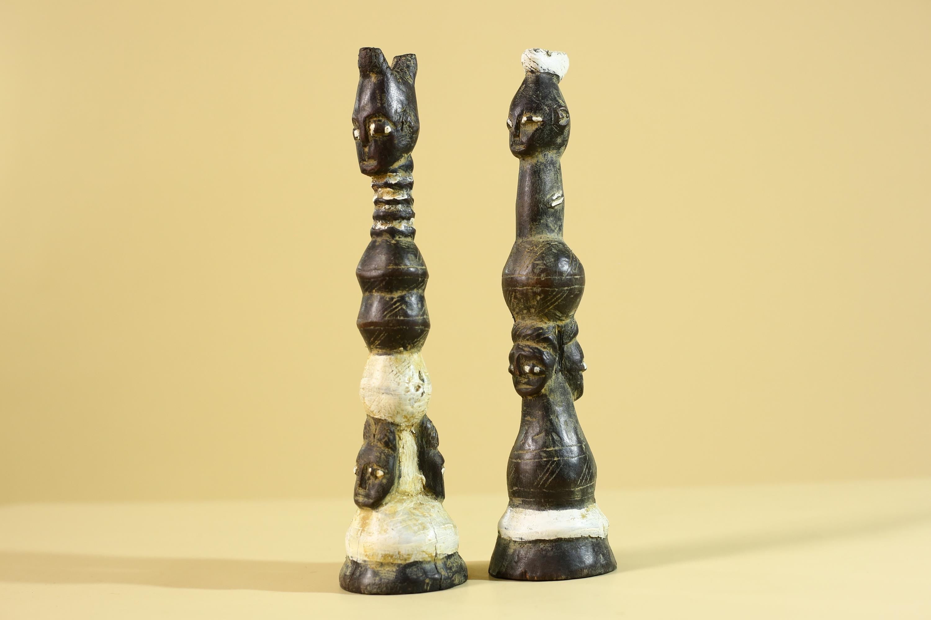 African Wooden Totem Figures Pair – Hand Carved Stacked Human Forms-G6286