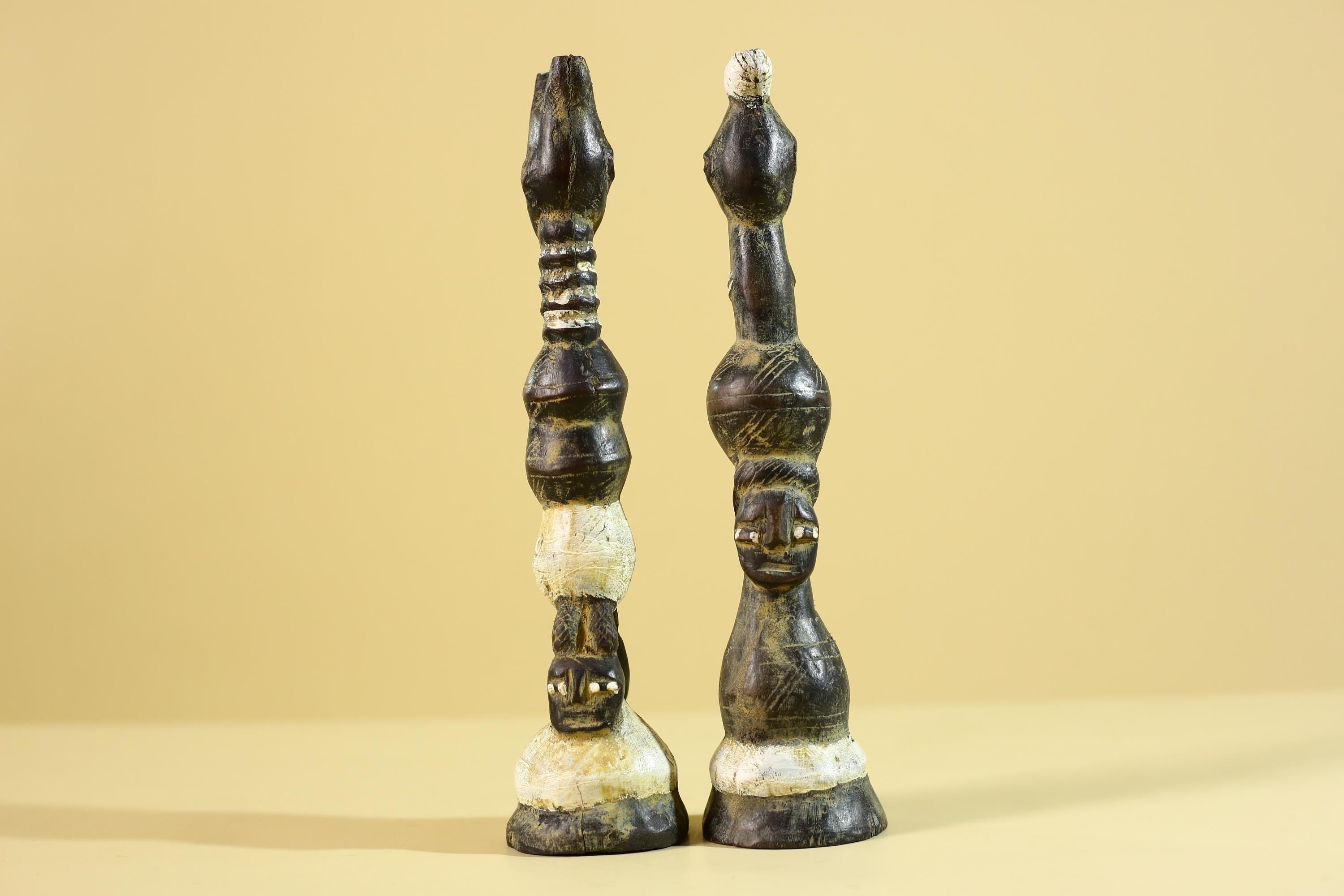 African Wooden Totem Figures Pair – Hand Carved Stacked Human Forms-G6286