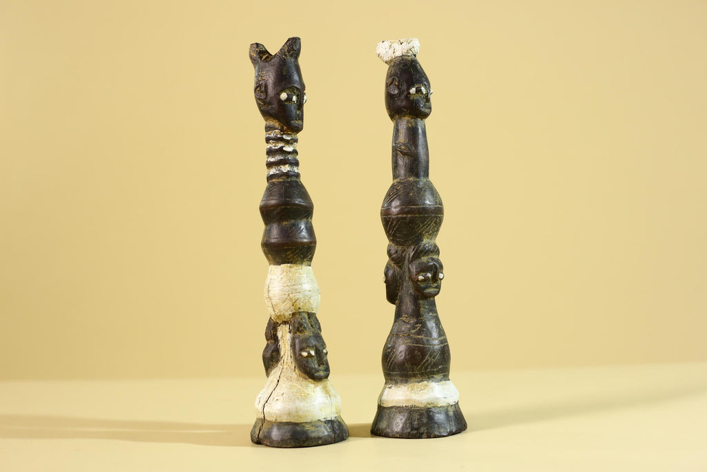African Wooden Totem Figures Pair – Hand Carved Stacked Human Forms-G6286