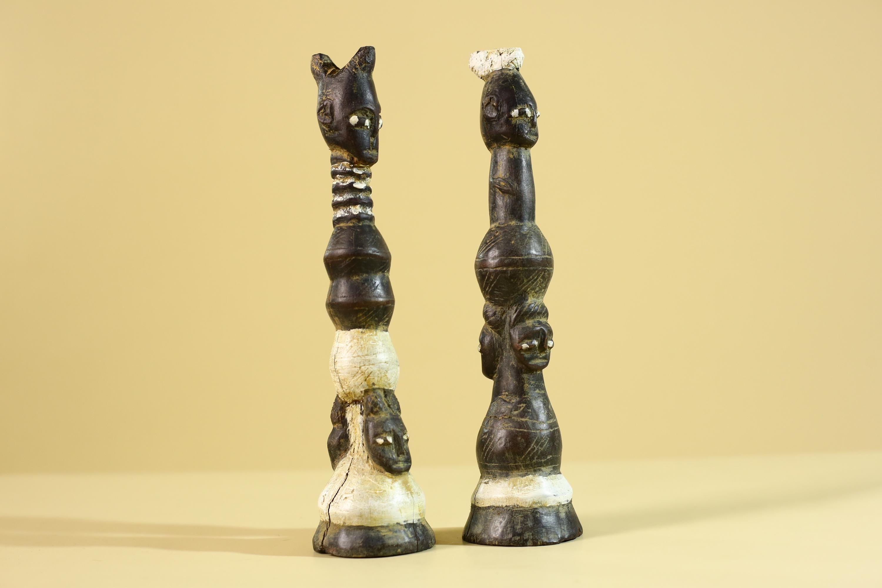 African Wooden Totem Figures Pair – Hand Carved Stacked Human Forms-G6286