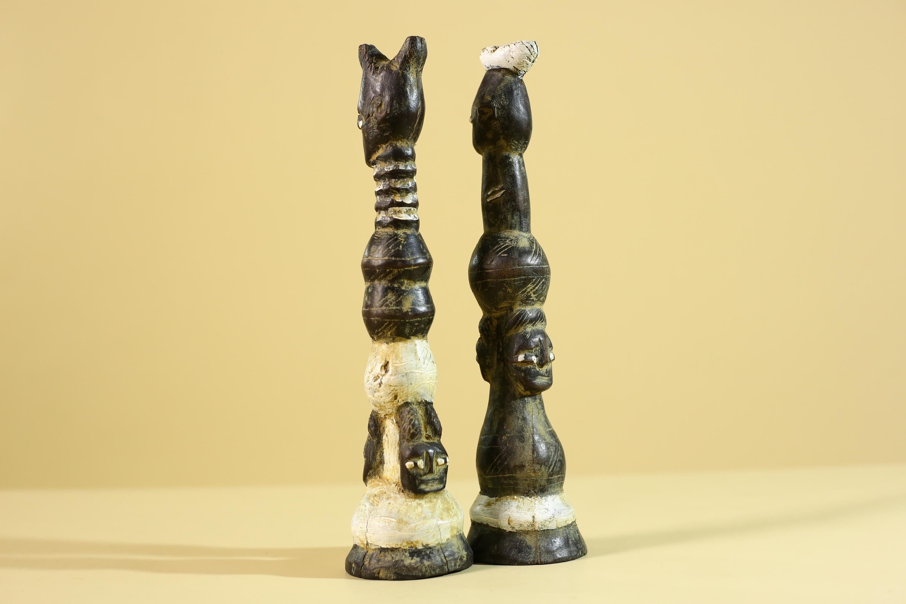 African Wooden Totem Figures Pair – Hand Carved Stacked Human Forms-G6286