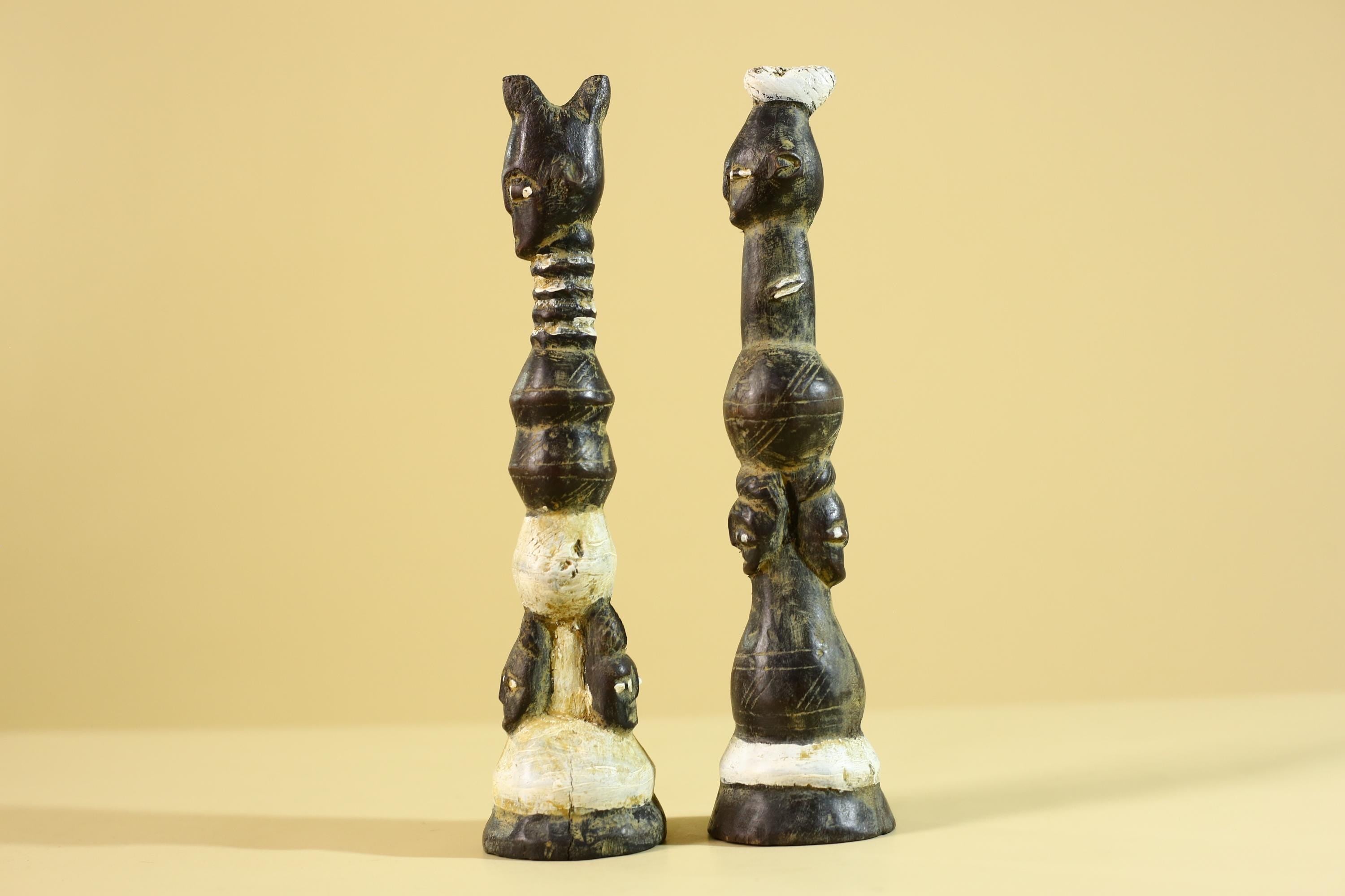 African Wooden Totem Figures Pair – Hand Carved Stacked Human Forms-G6286