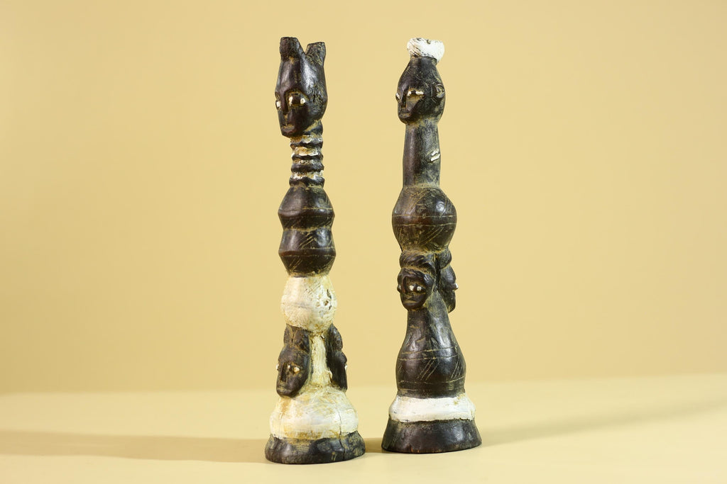 African Wooden Totem Figures Pair – Hand Carved Stacked Human Forms-G6286