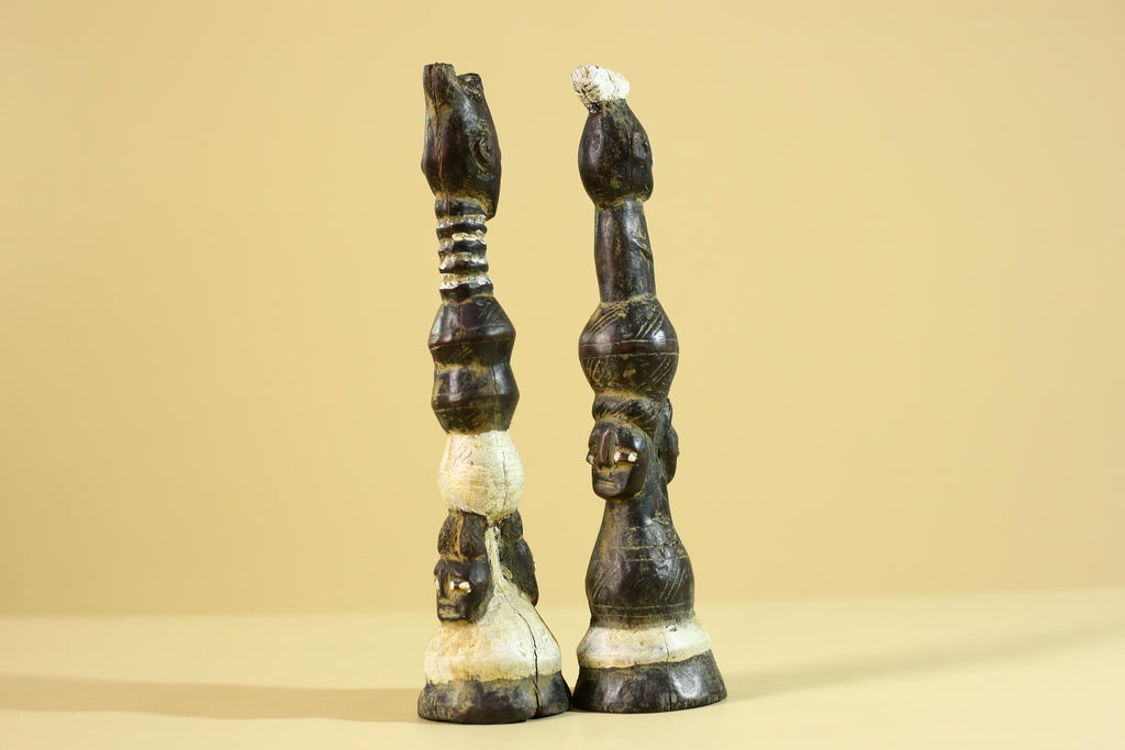 African Wooden Totem Figures Pair – Hand Carved Stacked Human Forms-G6286