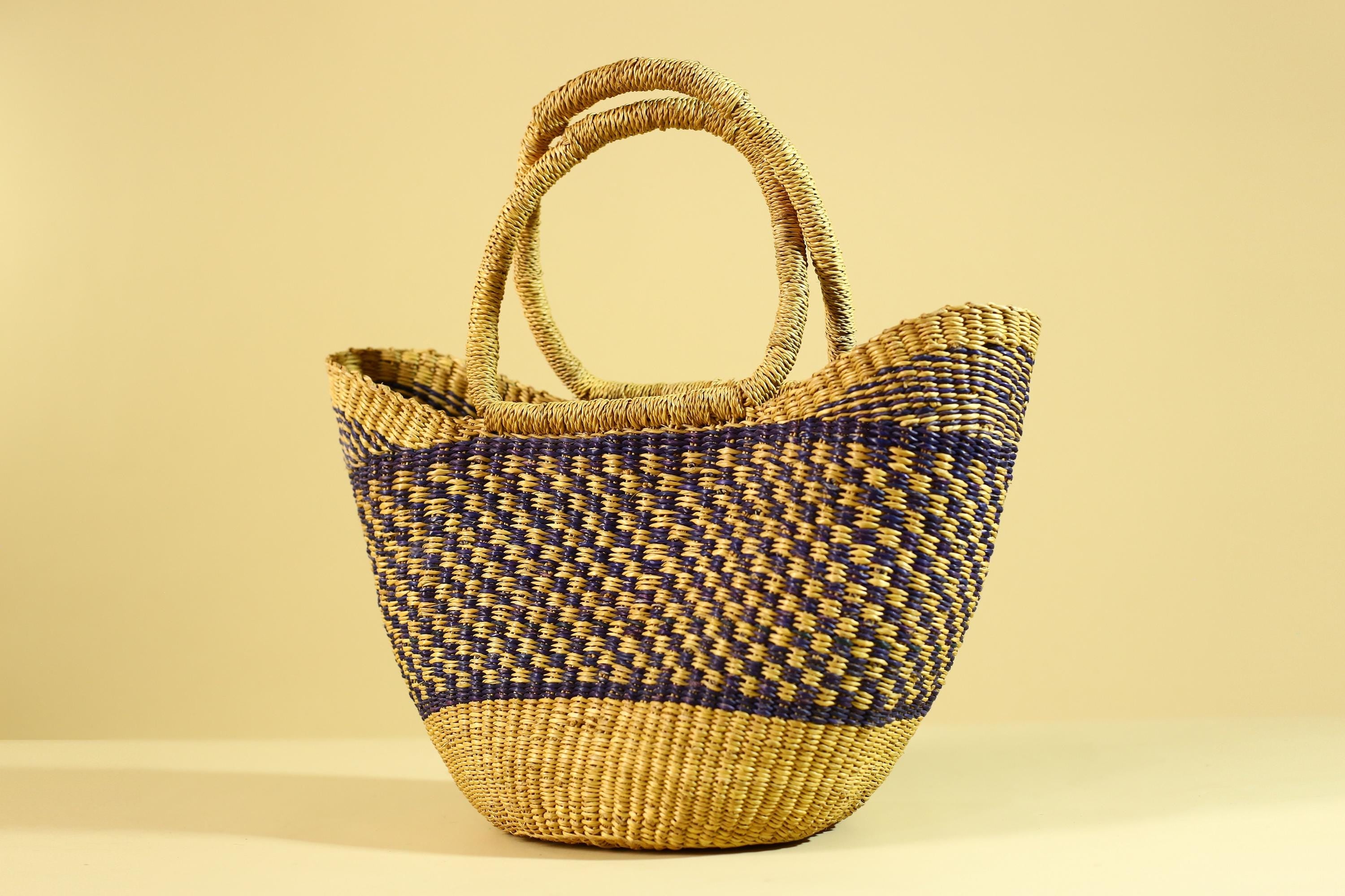 African Handwoven Straw Basket Blue Yellow Market Tote Natural Fiber Decor-G6287