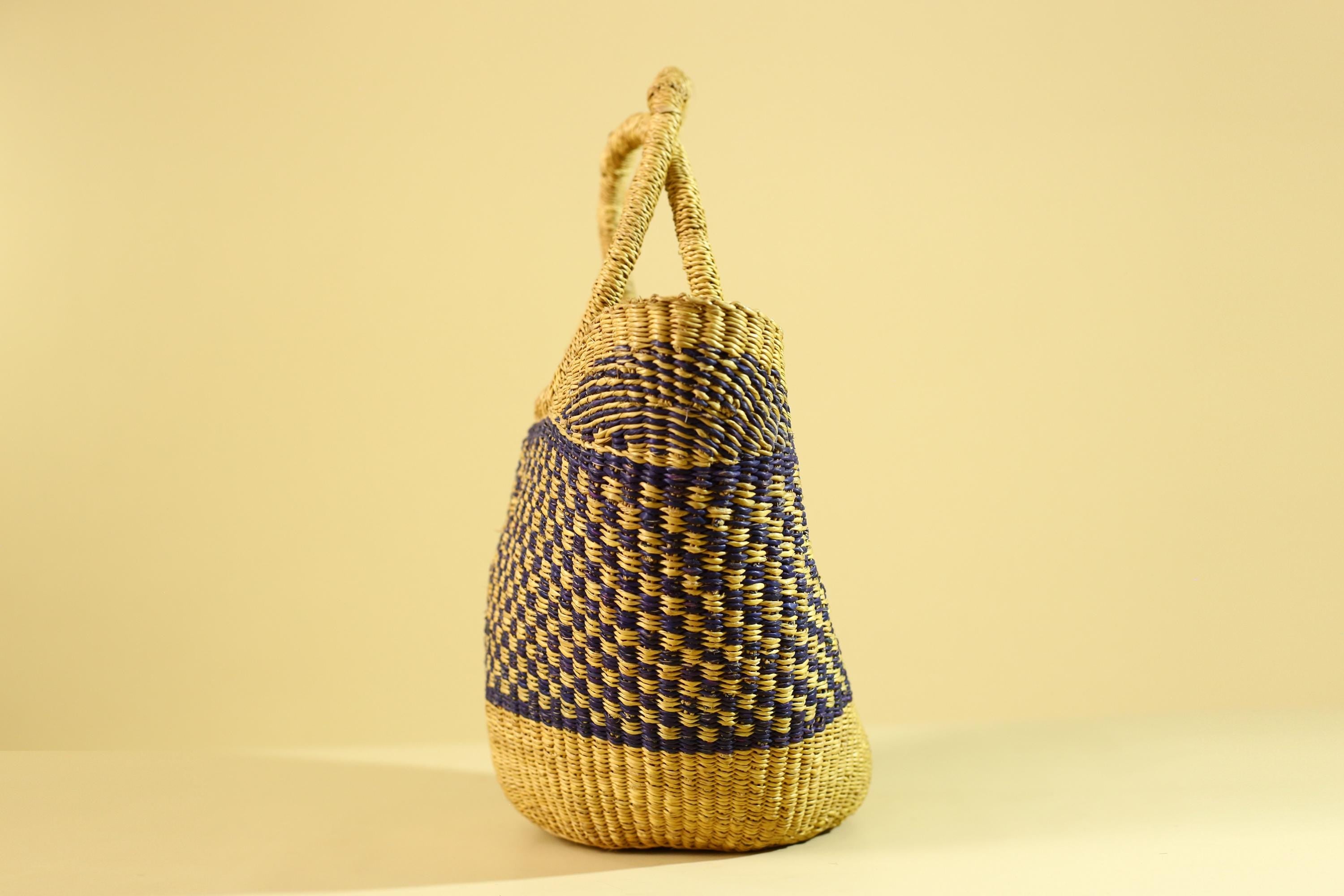 African Handwoven Straw Basket Blue Yellow Market Tote Natural Fiber Decor-G6287