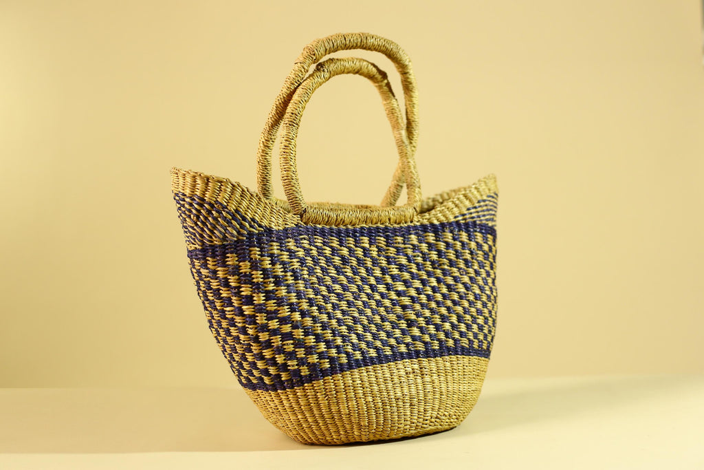 African Handwoven Straw Basket Blue Yellow Market Tote Natural Fiber Decor-G6287