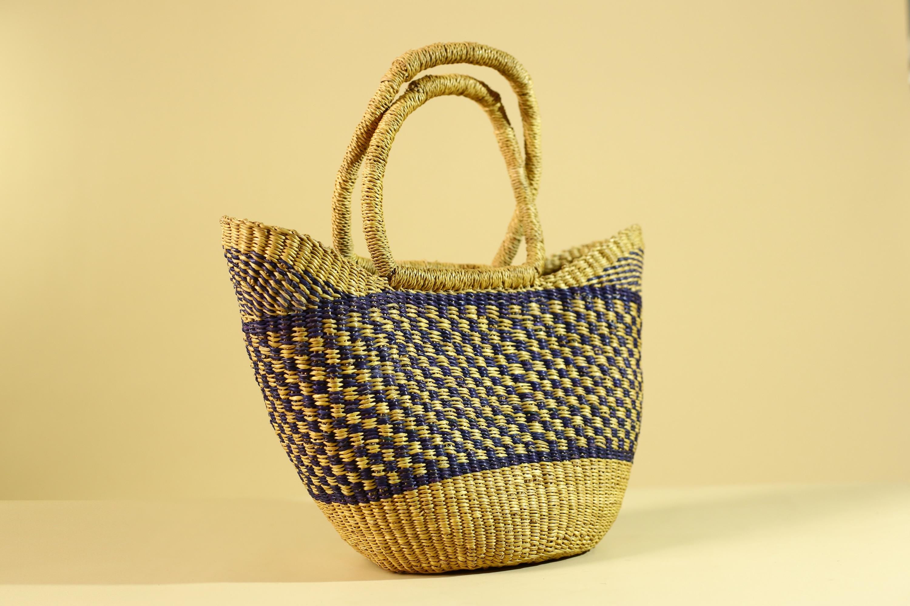 African Handwoven Straw Basket Blue Yellow Market Tote Natural Fiber Decor-G6287