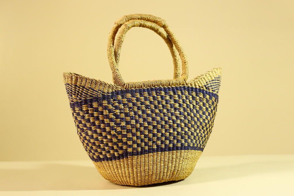 African Handwoven Straw Basket Blue Yellow Market Tote Natural Fiber Decor-G6287