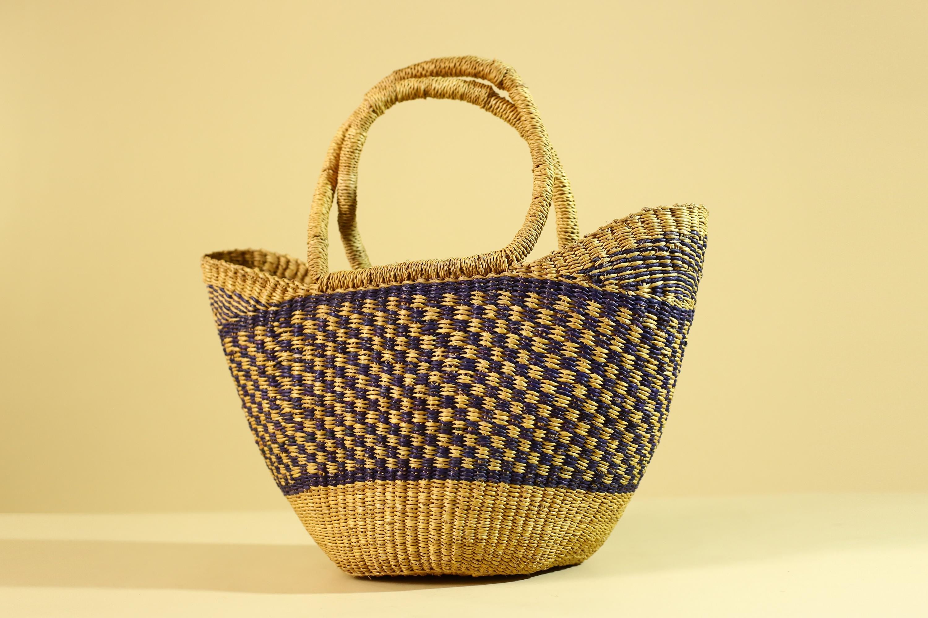 African Handwoven Straw Basket Blue Yellow Market Tote Natural Fiber Decor-G6287