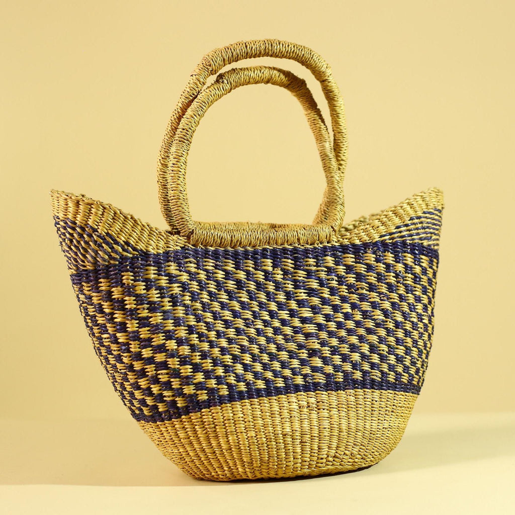 African Handwoven Straw Basket Blue Yellow Market Tote Natural Fiber Decor-G6287