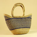 African Handwoven Straw Basket Blue Yellow Market Tote Natural Fiber Decor-G6287