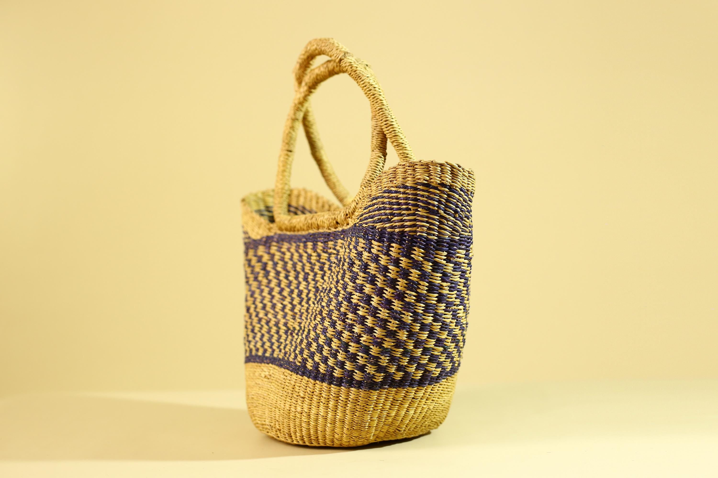 African Handwoven Straw Basket Blue Yellow Market Tote Natural Fiber Decor-G6287