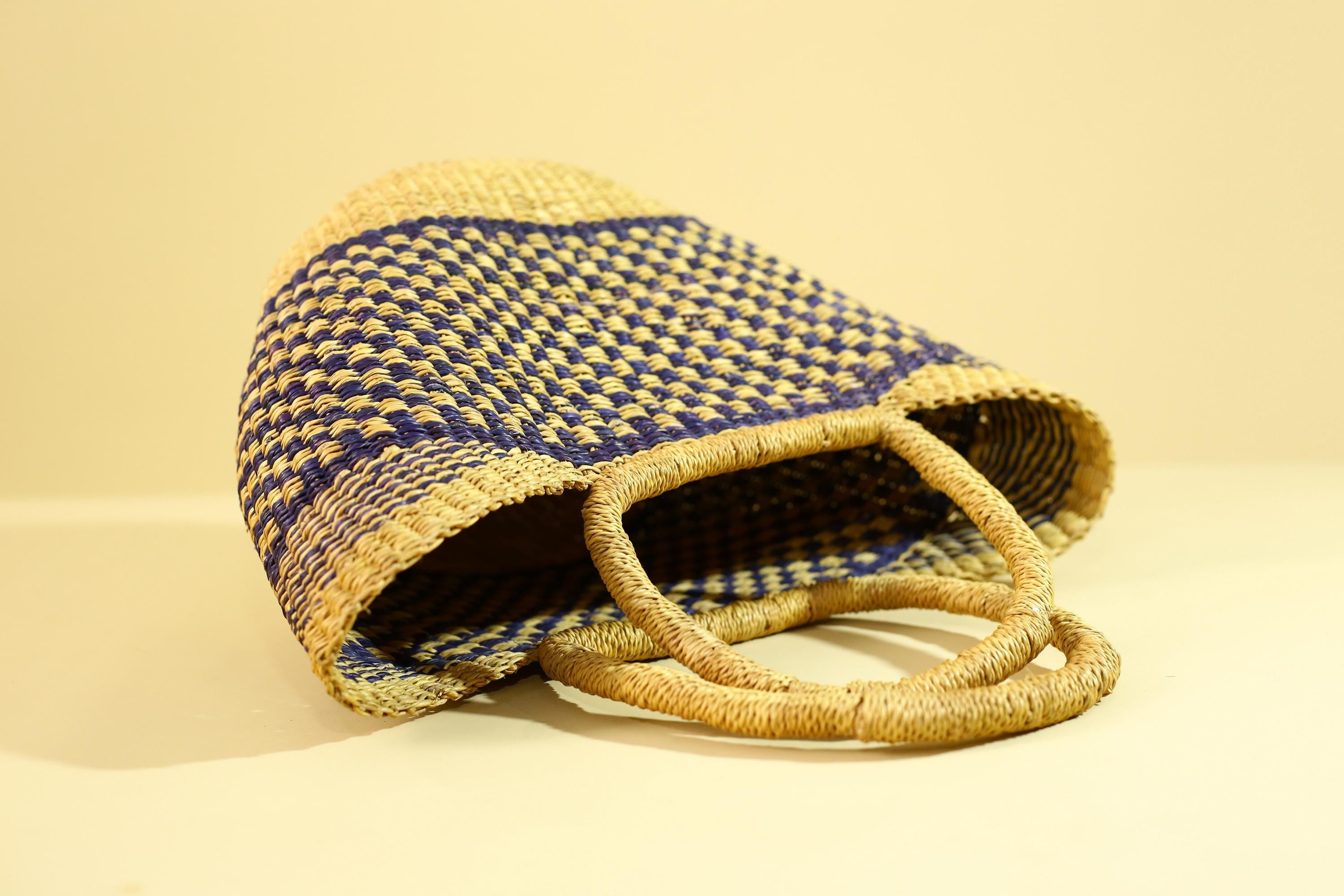 African Handwoven Straw Basket Blue Yellow Market Tote Natural Fiber Decor-G6287