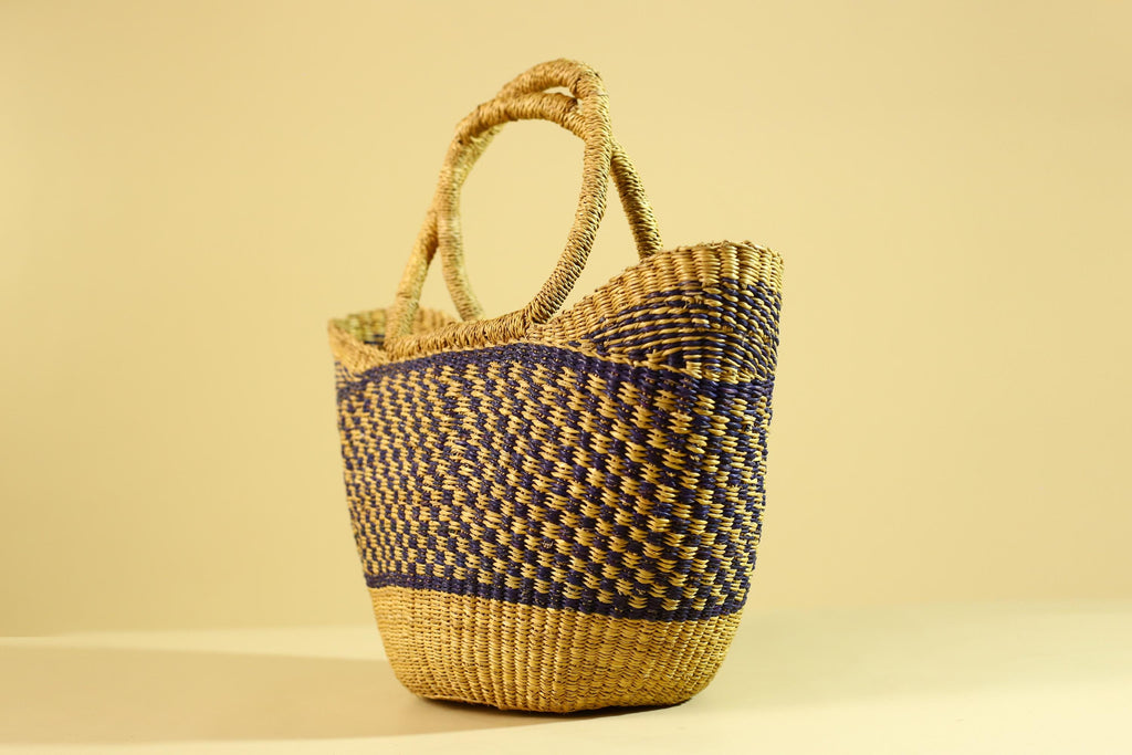 African Handwoven Straw Basket Blue Yellow Market Tote Natural Fiber Decor-G6287