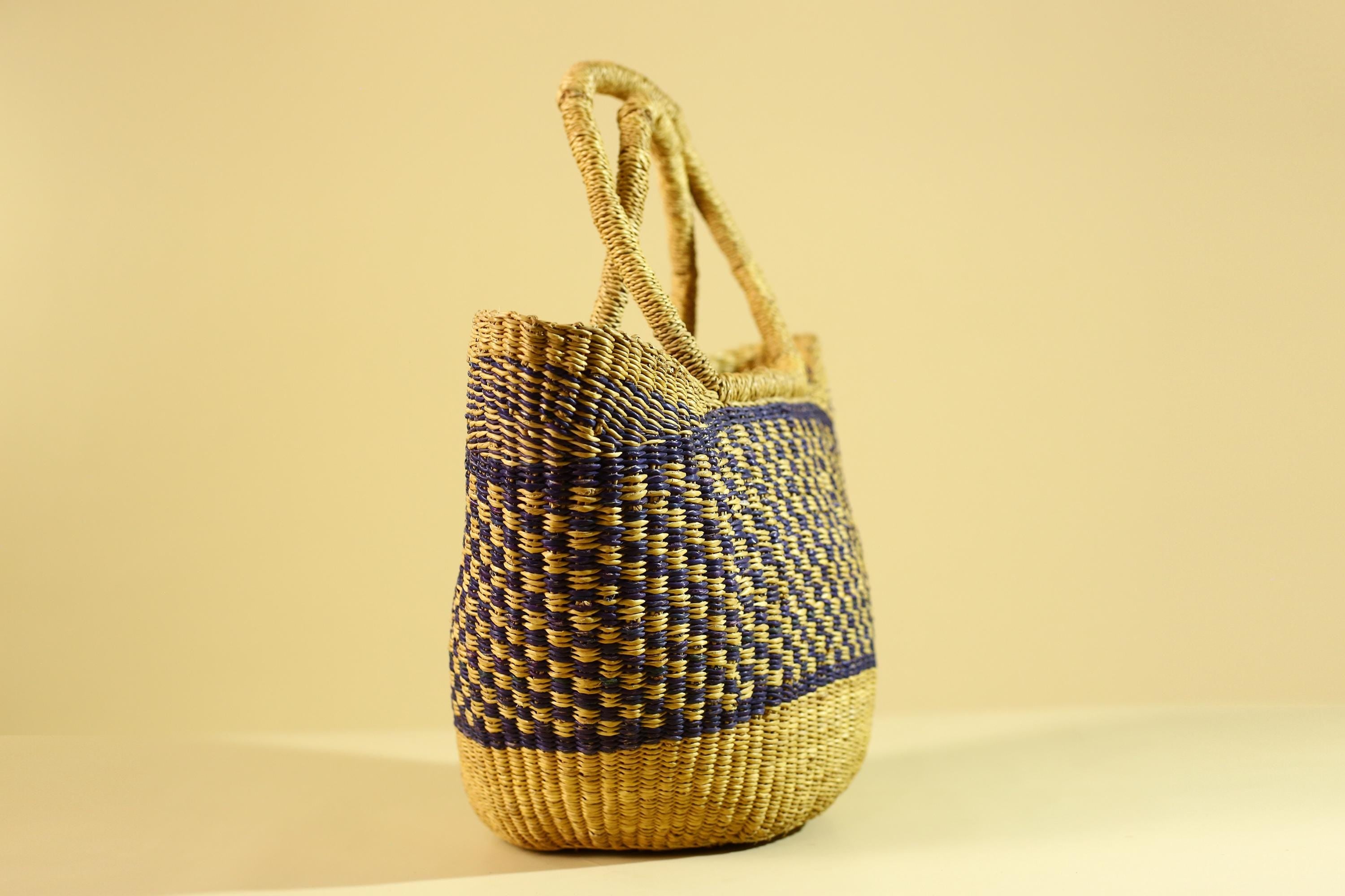 African Handwoven Straw Basket Blue Yellow Market Tote Natural Fiber Decor-G6287