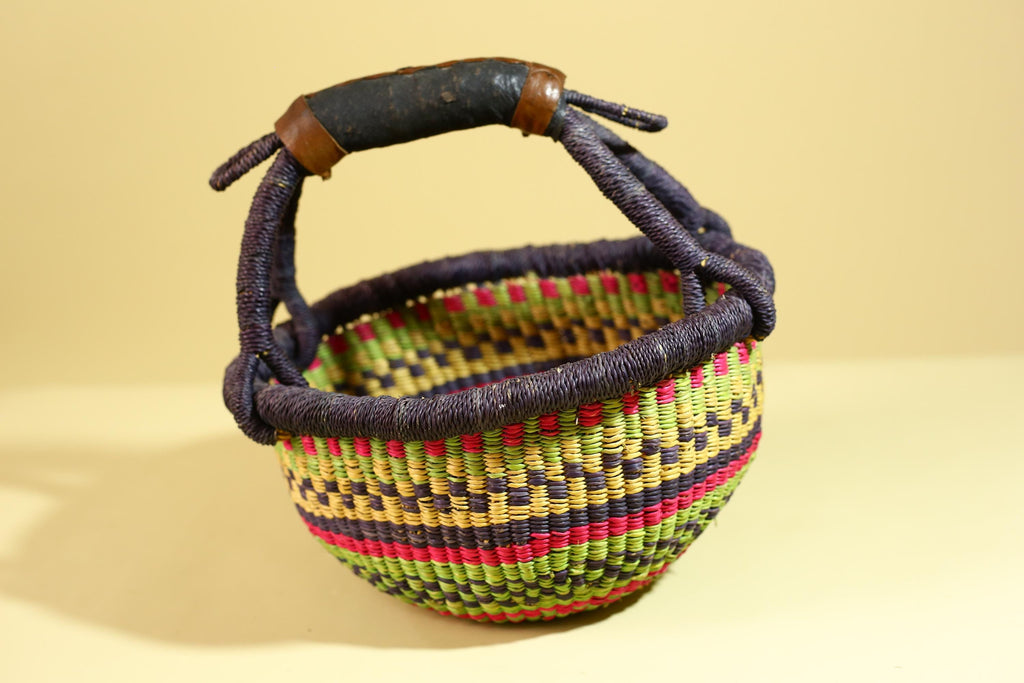 African Handwoven Market Basket Natural Fiber Straw Tote With Leather Handle-G6288